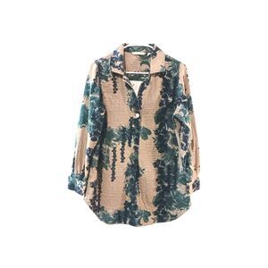 Soft Surroundings Green Brown Tropical Floral Cotton Tunic Shirt Blouse M